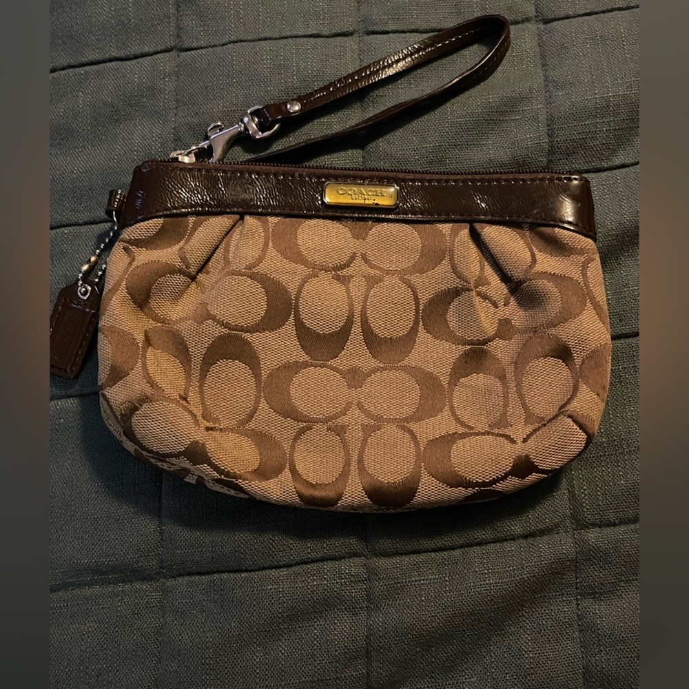 Coach Brown Signature Canvas Wristlet with Dark Trim